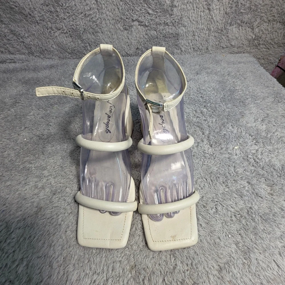Free People Strappy Block Heel Sandal Ivory Leather Square Toe Women 36  5.5 - 6